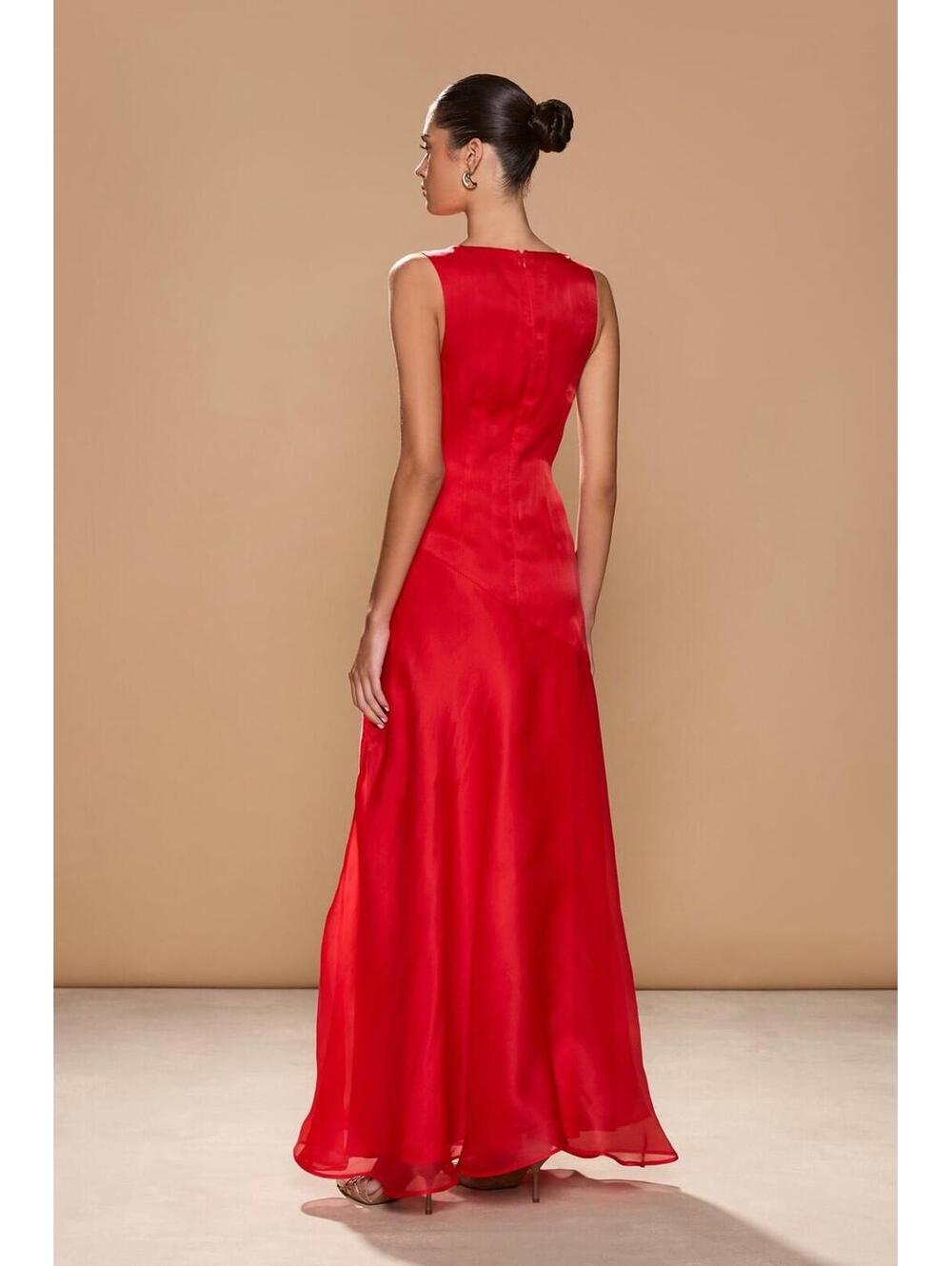 New Sonya Moda Alma Plunge Bias Cut Silk Organza Gown In Lola Red Size M $420 - Picture 2 of 13